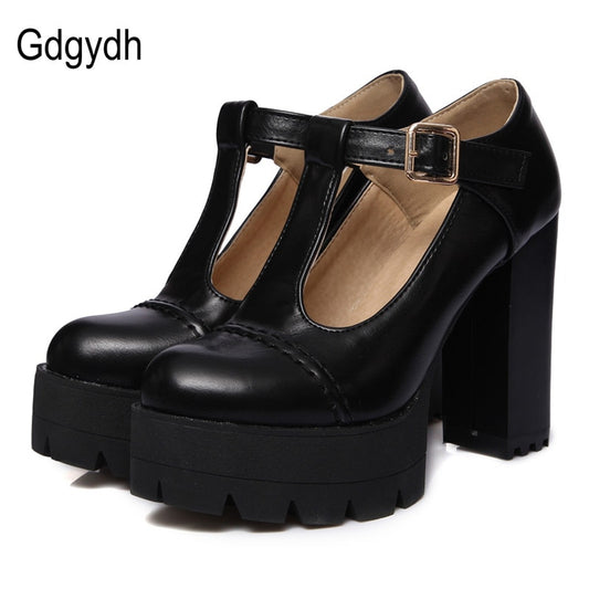 Platform Round Toe T-Strap Buckle Heels