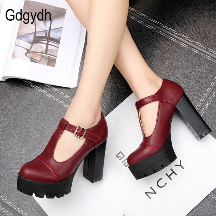 Platform Round Toe T-Strap Buckle Heels